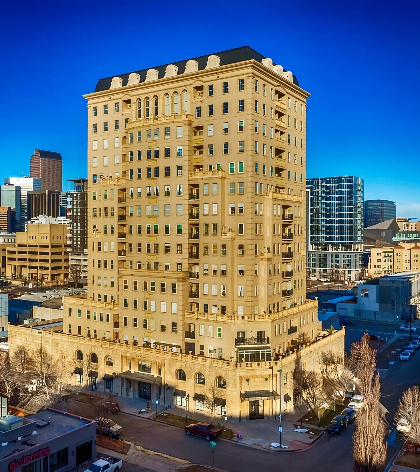 The Belvedere Tower at golden hour, downtown Denver.